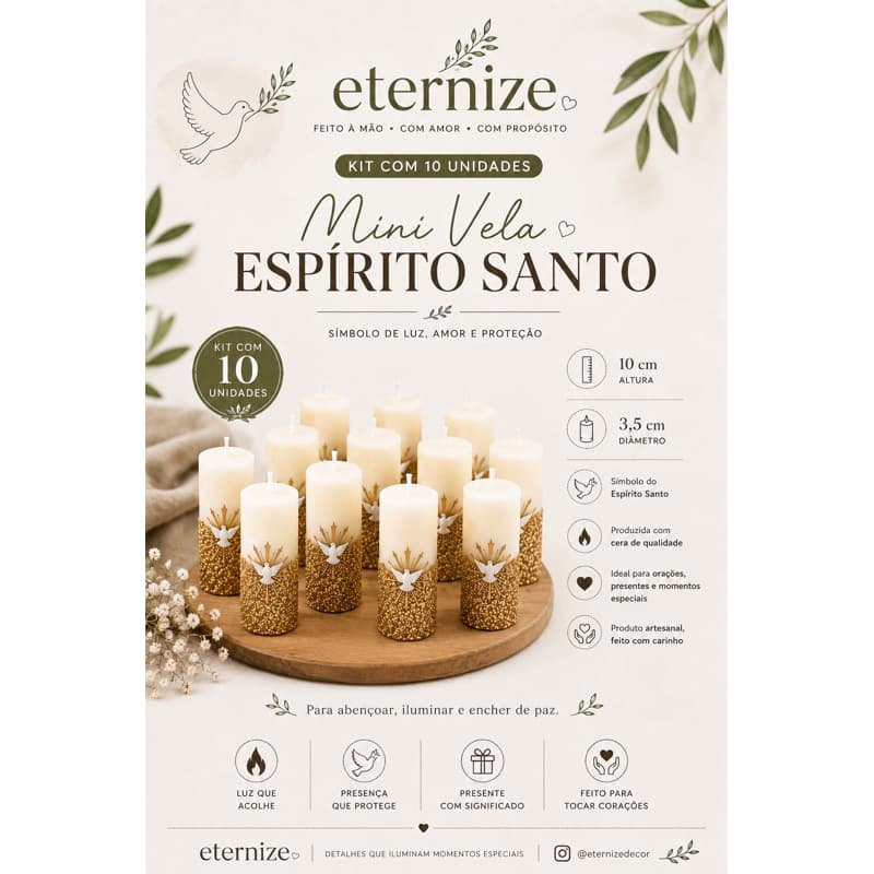 Kit 10 Mini Velas Espírito Santo | Lembrancinha Batizado|Primeira Comunhão|Crisma e Eventos