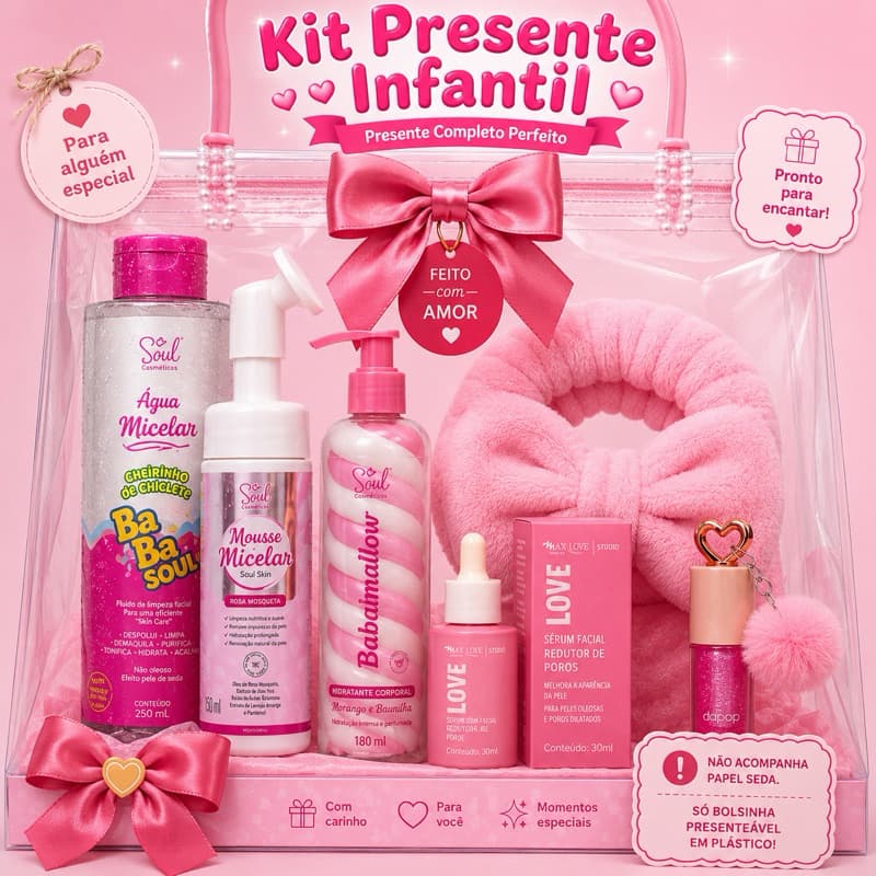 Kit Presente Feminino Skincare Completo Água Micelar Mousse Hidratante Sérum Facial Gloss Labial Faixa Spa
