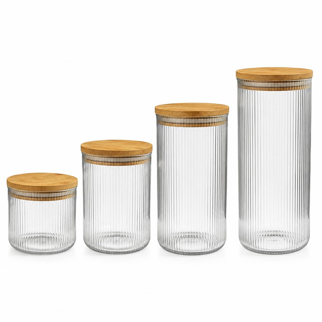 Kit 4 Potes de Vidro Borossilicato Listrado Tampa de Bambu Hermética 700ml + 1L + 1,4L + 1,8L Organizador para Cozinha