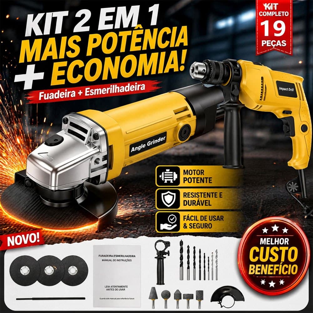 Kit Profissional de Perfuração e Corte 110-127V/220V com Furadeira Elétrica e Esmerilhadeira Angular