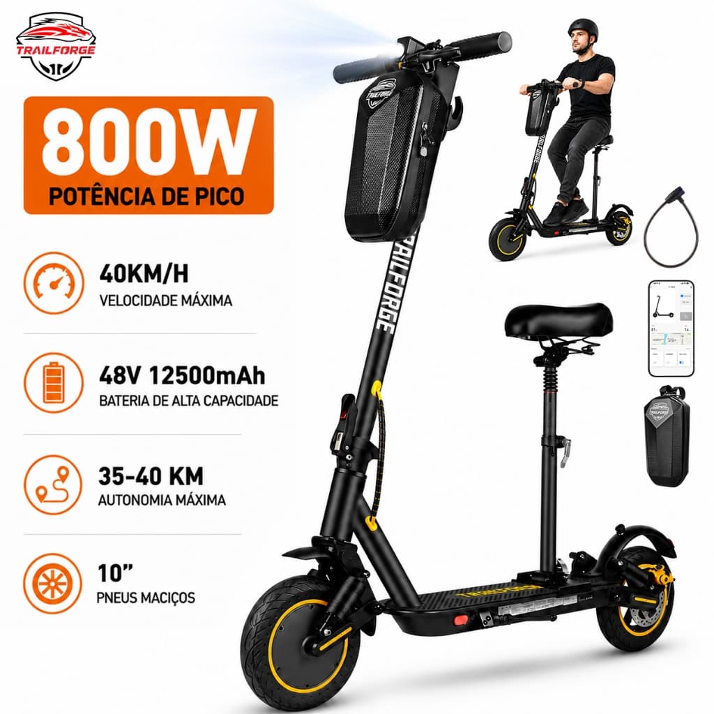 Trailforge-T1 Patinete Elétrico 800W 10“ 40km/h Velocidade 12.5AH Duração 40-45km Scooter Eletrica