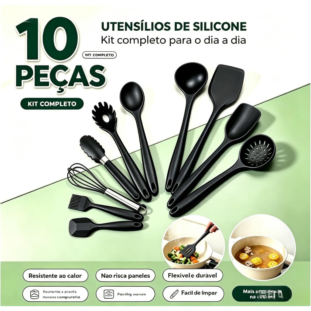 Kit 10 Peças Utensílios de Cozinha em Silicone – Espátula, Pegador, Concha, Batedor e Mais S2