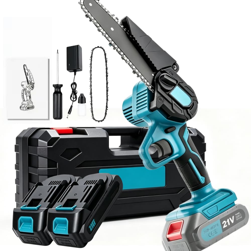 Mini Motosserra Lítio 21V 800W 6 Polegadas Leve Portátil para Poda de Árvores Jardinagem com 2 Baterias Inclusa