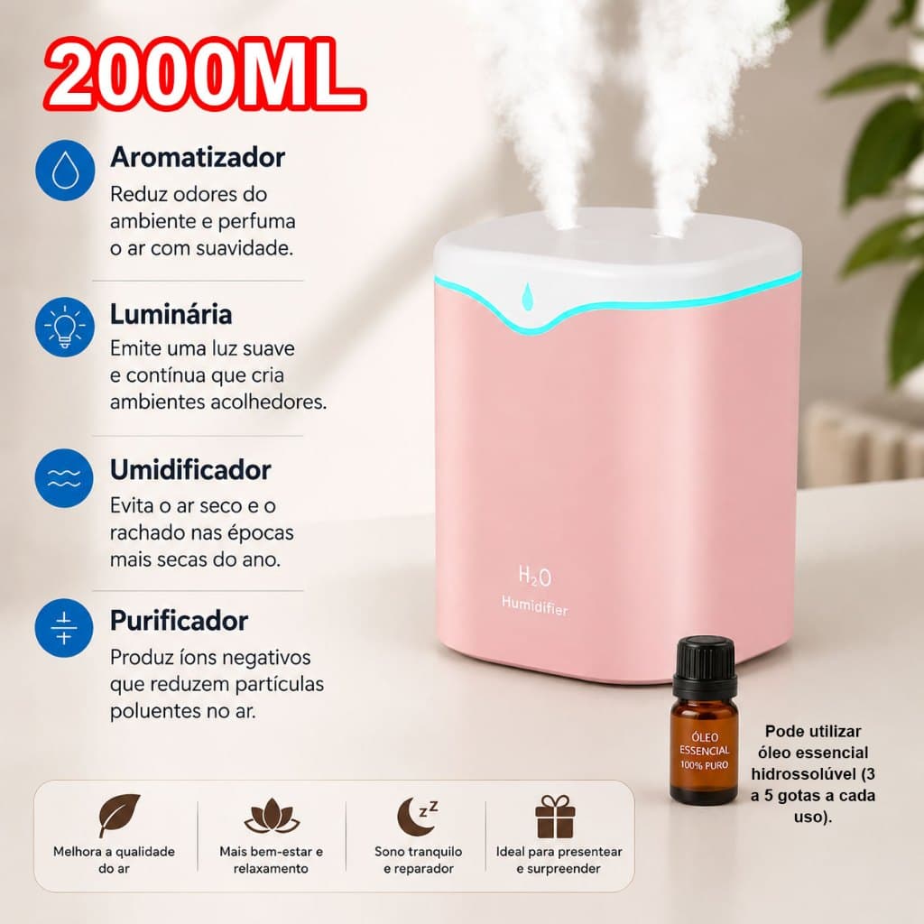 Umidificador de Ar 2000ml Duplo Spray Névoa Fria Baixo Ruído Difusor de Óleo Essencial