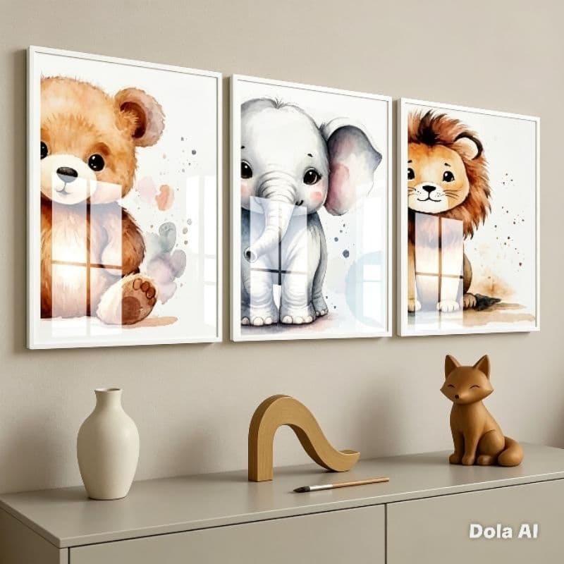 Quadro Moldura e Vidro Kit Três Peças Animais Safari Leão Elefante Urso Decoração Quarto Infantil