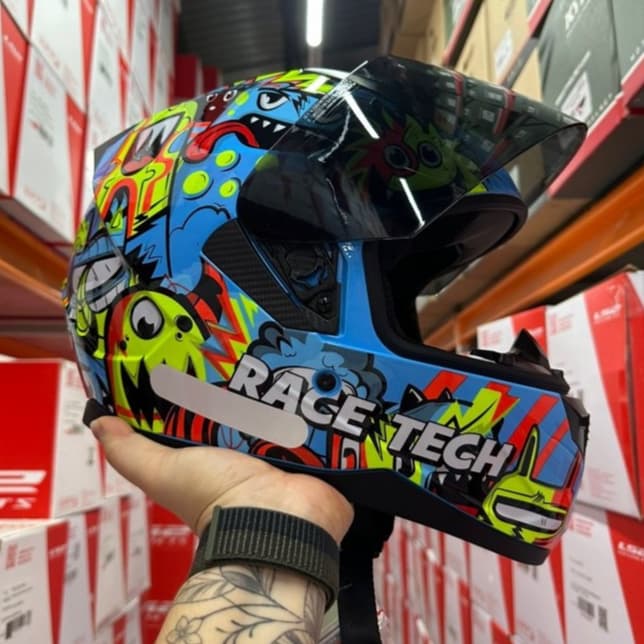 CAPACETE EXCLUSIVO RACE TECH SECTOR MONSTERS COLORIDO AZUL AMARELO PROMOÇÃO VISEIRA CRISTAL E FUME