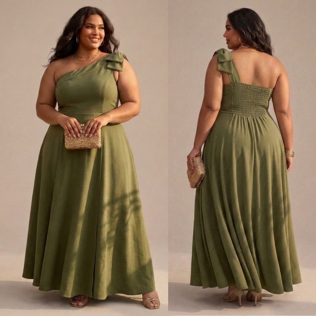Vestido Longo Plus Size Feminino um Ombro só Laço Delicado Festa Madrinha