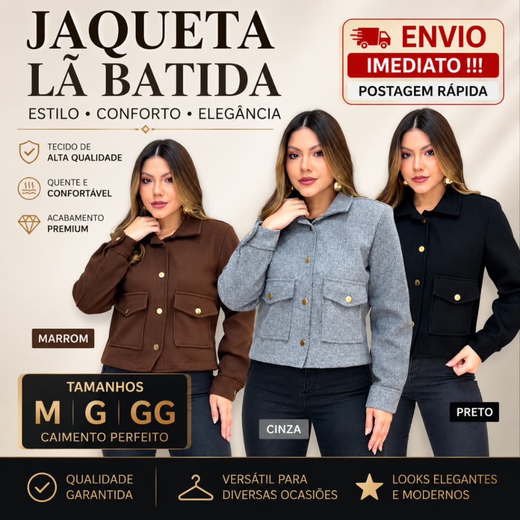 Jaqueta Feminina Lã Batida Gola Polo com Bolsos Frontais e Botões