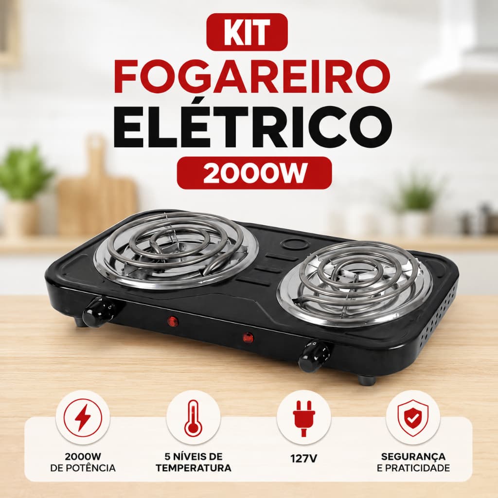 Fogão Fogareiro Elétrico Portátil Cooktop Camping 2000 Watts 2 Bocas Linha Premium