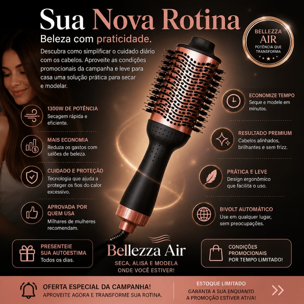 Escova Secadora de Cabelo Profissional Bivolt 1300W 4 em 1 Alisa Seca Modela Bellezza Air