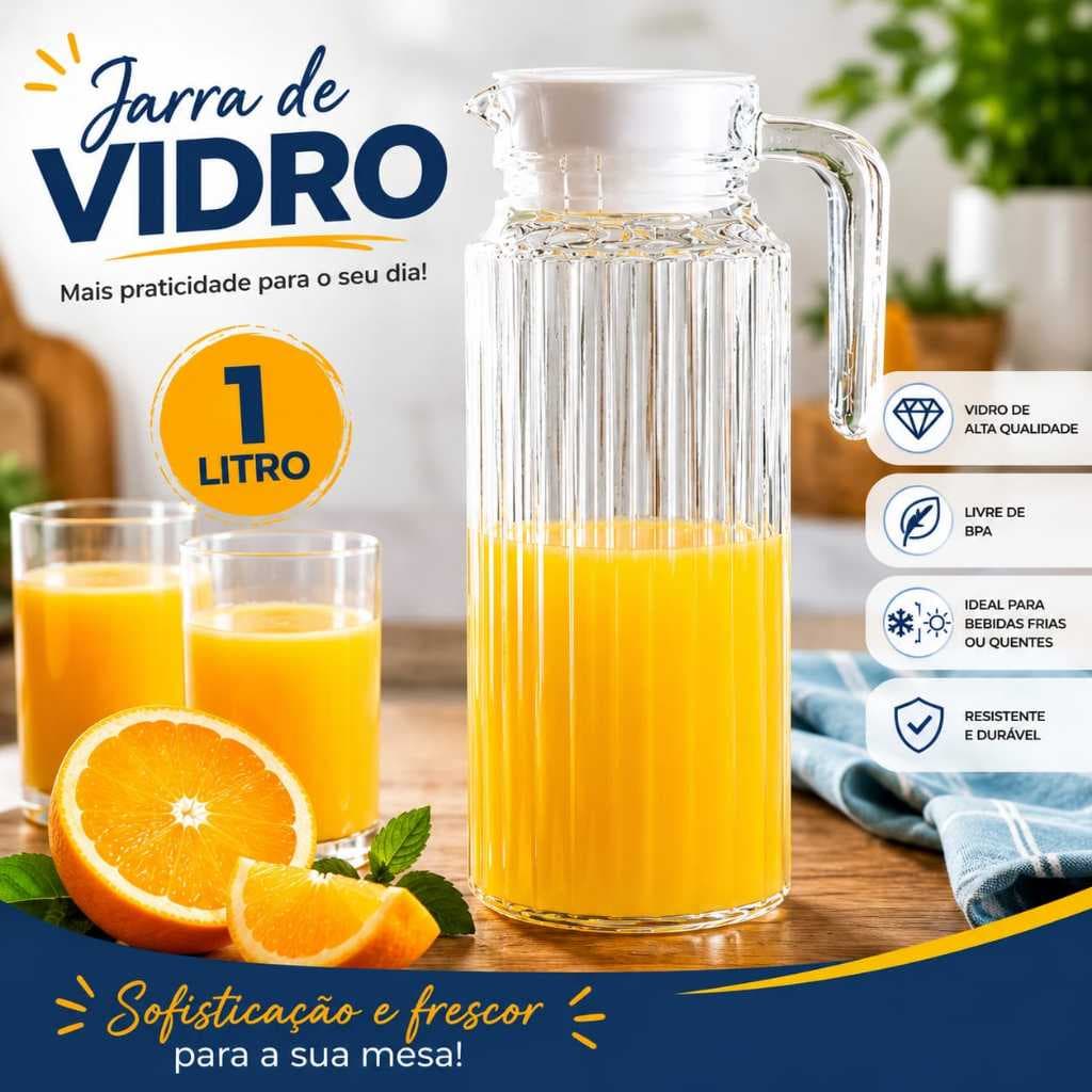 Jarra de Vidro Para Cozinha Sucos Aguas 1 Litro Moderna Resistente Jarra De Vidro 1 Litro