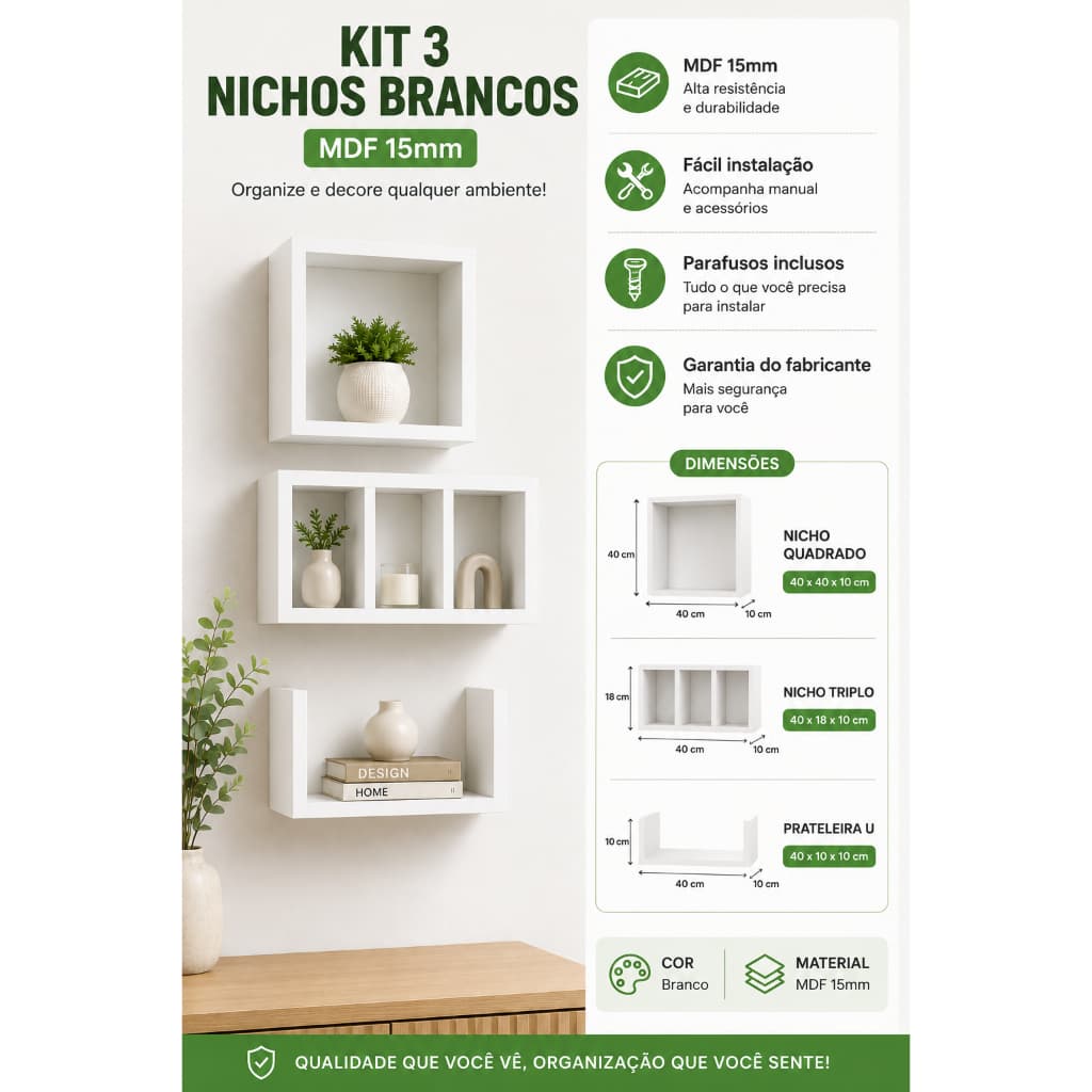 Kit 3 Nichos Decorativos de Parede em MDF Branco 40cm com Divisórias e Prateleira para Sala Quarto Home Office