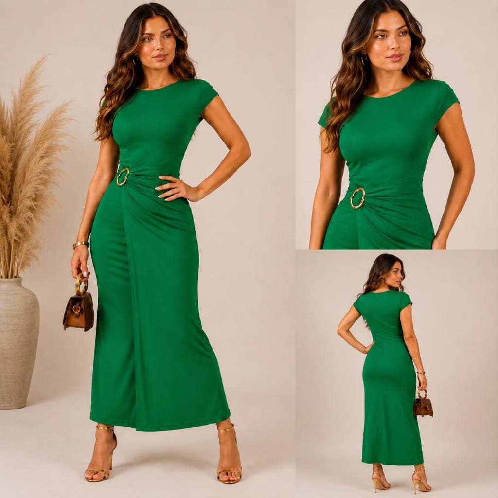 Vestido Mídi Manga Transpassado com Fivela Premium Tendência