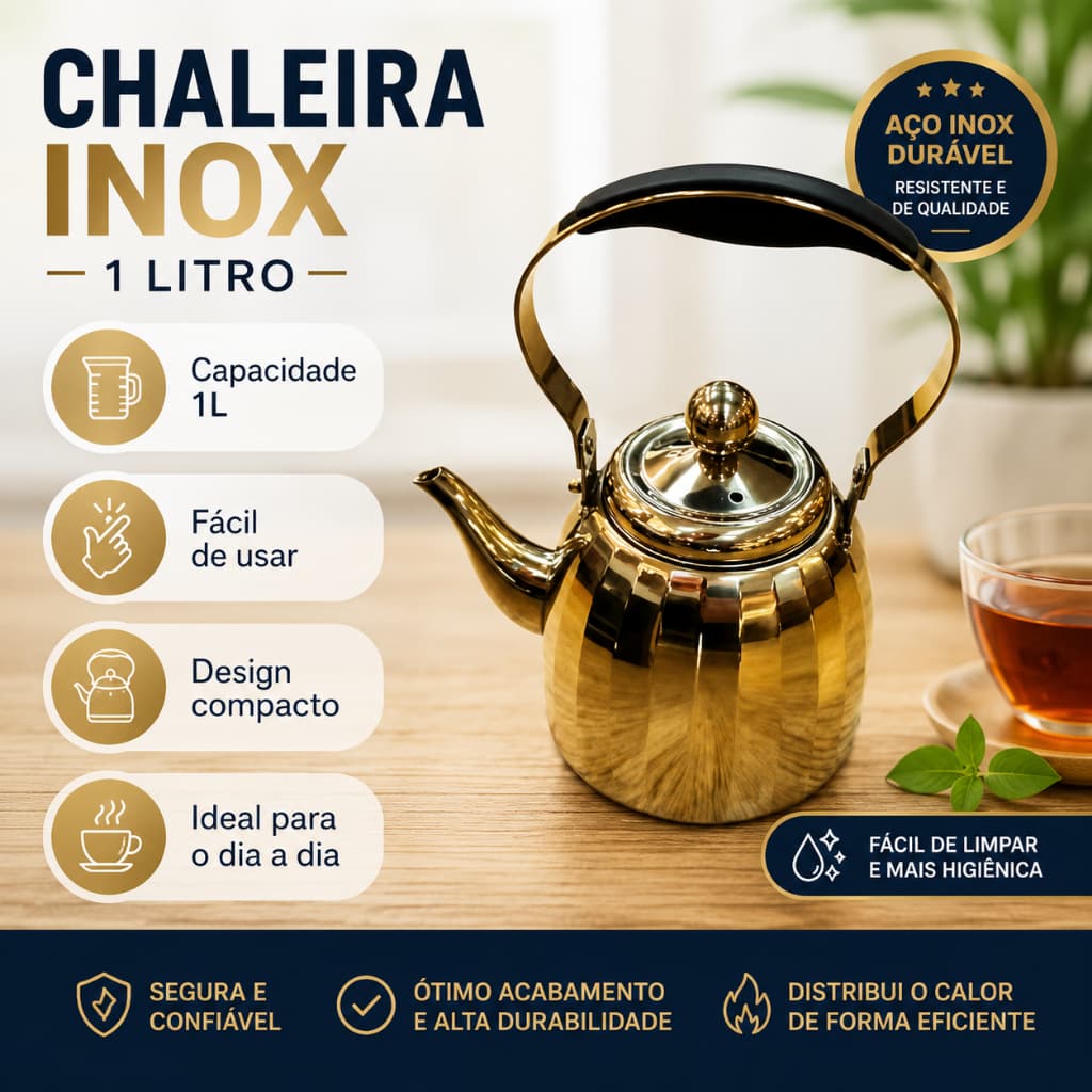 Bule Dourado Inox Indução e Gás – Chaleira Elegante para Chá/Café, com Infusor 1L