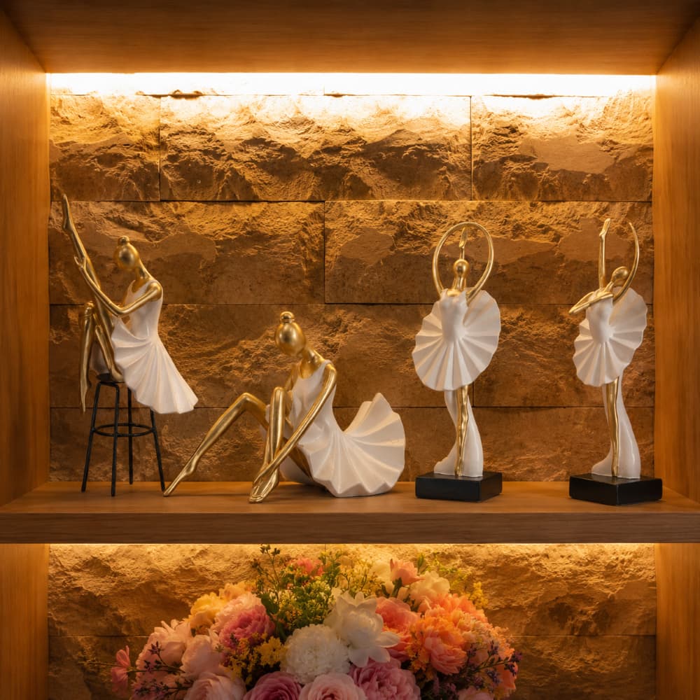 Estatua Bailarina Balé Dourada com Vestido Branco Decoração Elegante Coisas Diferentes Para Casa