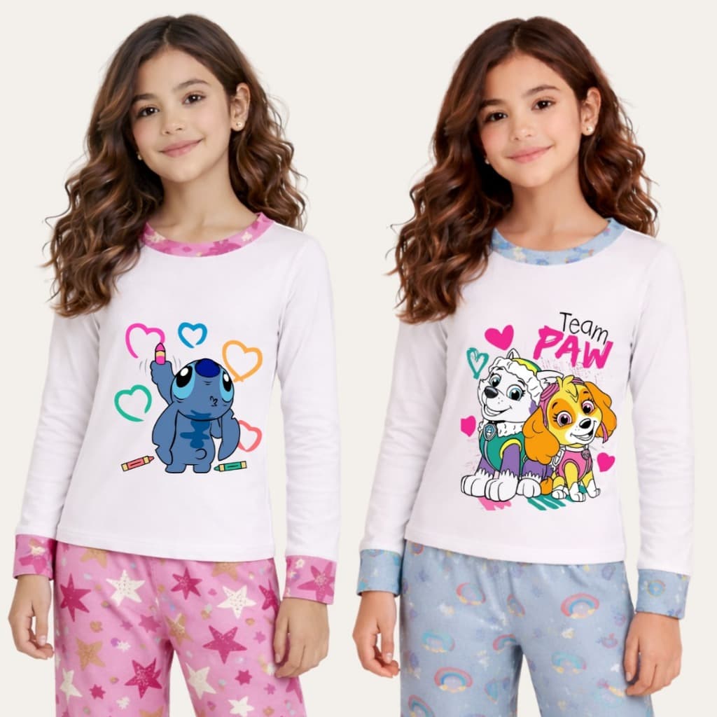 Kit 2 Pijama Infantil Inverno Confortável Sortido Menina Manga Longa Frio