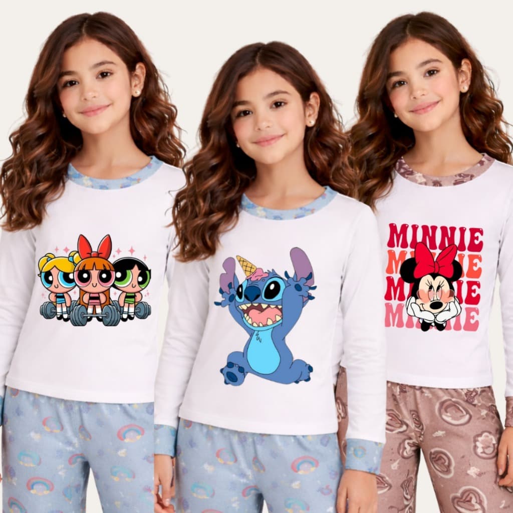 Pijama Infantil Menina Estampado Longo de Frio Inverno Diversas Estampas