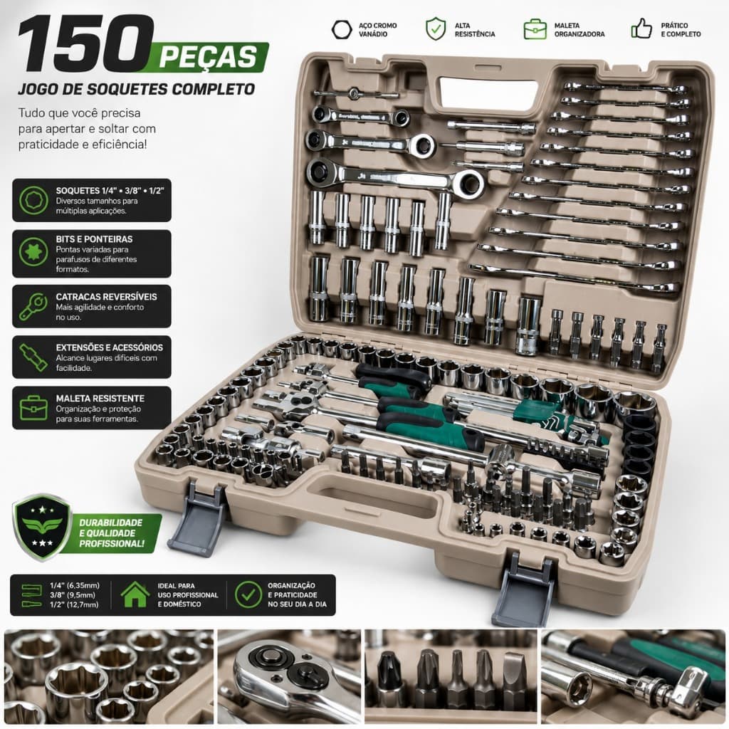 Maleta Jogo De  Soquete 150 Pçs Catraca Chave Manual  Profissional