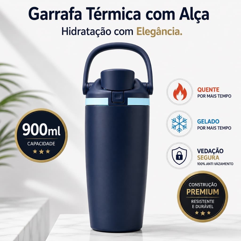 Garrafa Térmica 900ml/ 720ml com Alça Bebidas Quentes e Frias Antivazamento - AquaVogue