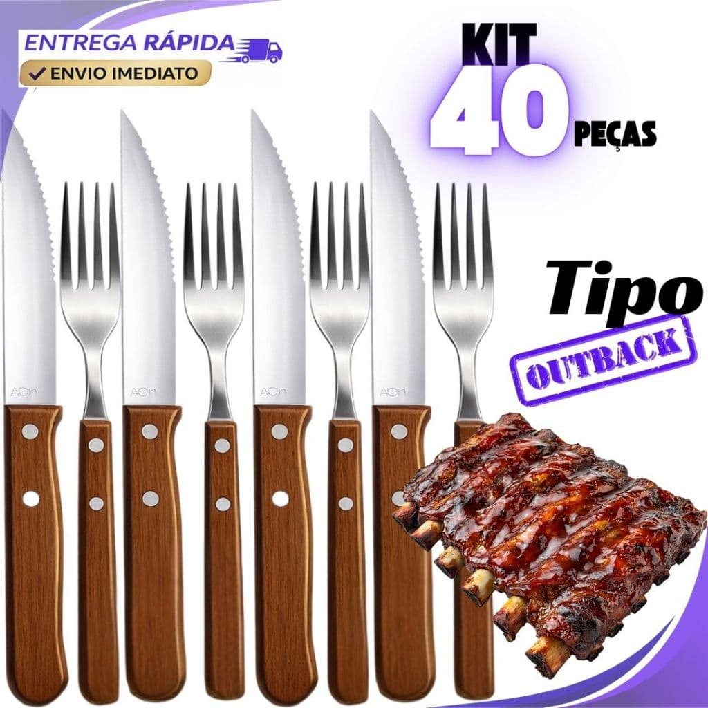 Peças Talheres Para Churrasco Jumbo Wooden Jogo 40/20/10  Faca Outback Garfo cabo D Madeira  de Inox