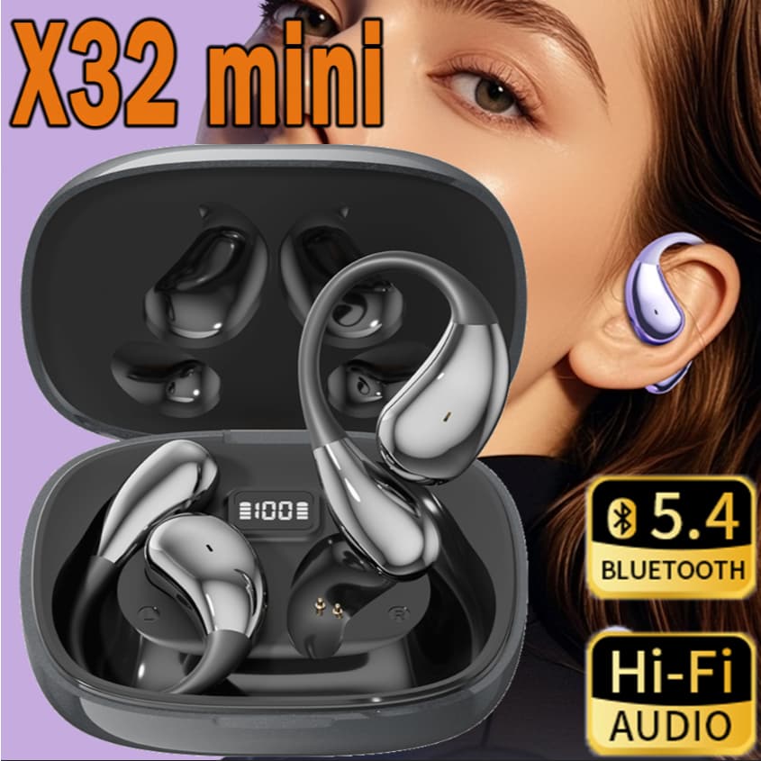 Fone de Ouvido X32 Mini Bluetooth 5.4 com Display LED, Hi-Fi e Gancho de Orelha
