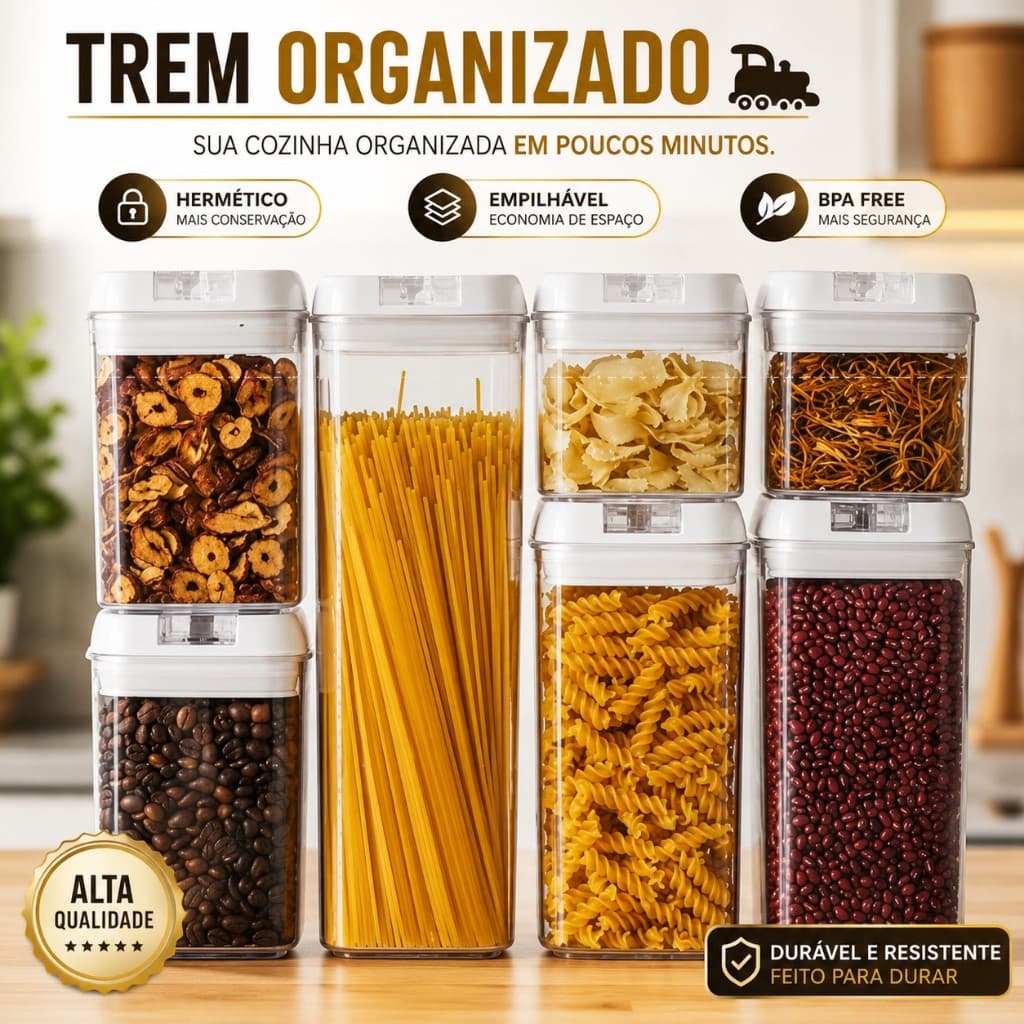 Kit Potes Herméticos Acrílico Trem Organizado Organizador de Cozinha Porta Mantimentos Empilhável BPA Free