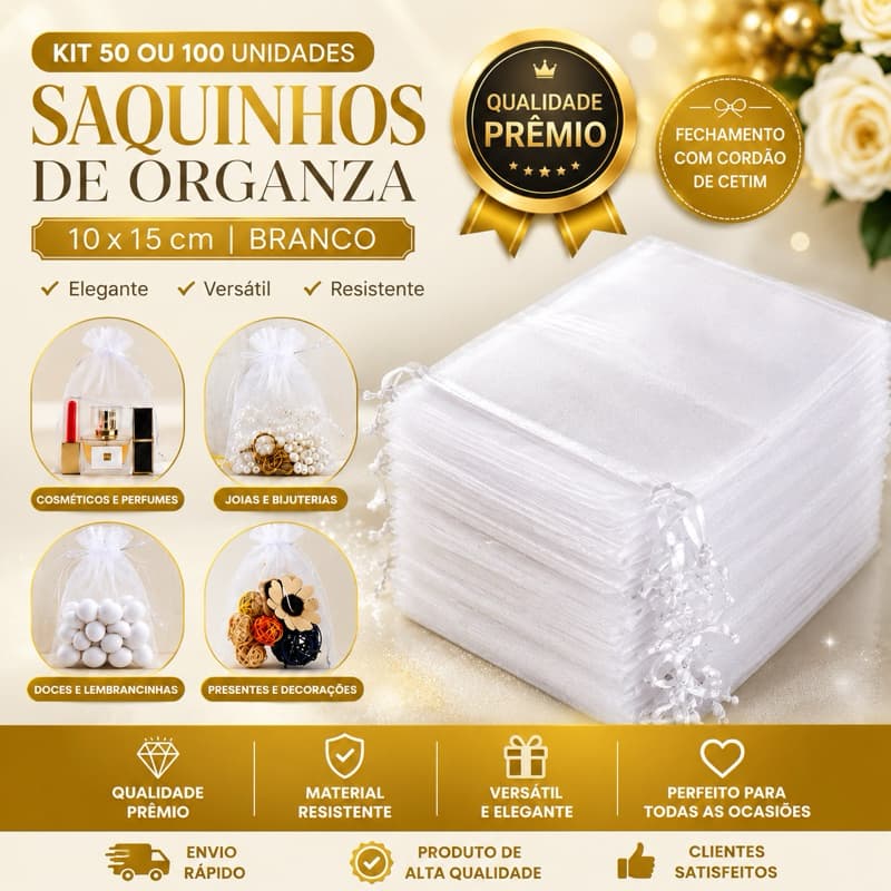 Kit 50/100 Saquinhos Saco Organza 10x15 Branco Lembrancinha Festa Casamento 15 Anos