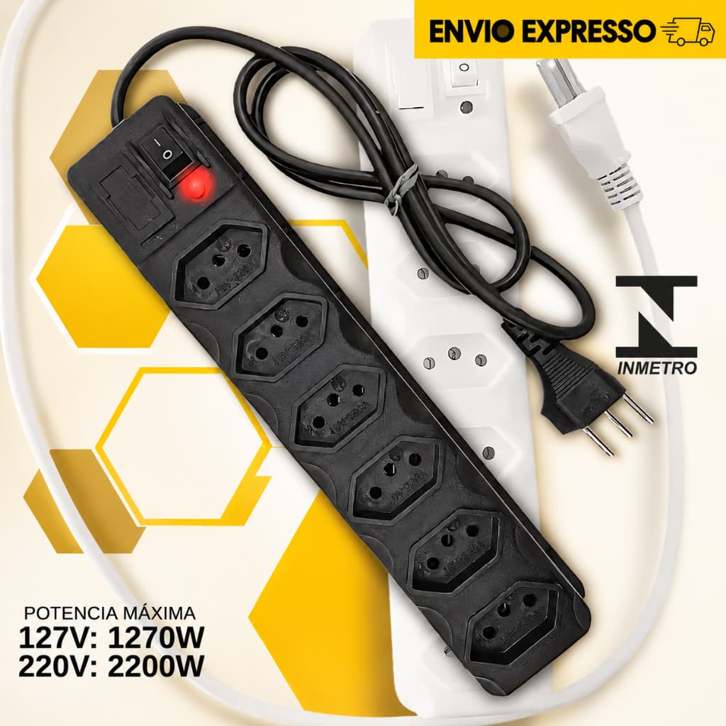 Régua Elétrica 3, 4, 5 e 6 Saídas Filtro de Linha 10A Tripolar Proteção com Fusível