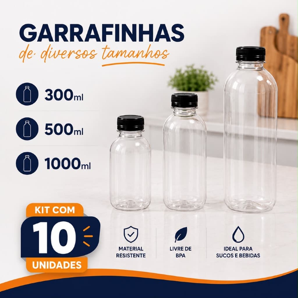 Kit 10 Garrafas Cilíndrica PET Tampinha Preta Com Lacre Redonda Sucos Açaí Detox 200ml 300ml 500ml 1L