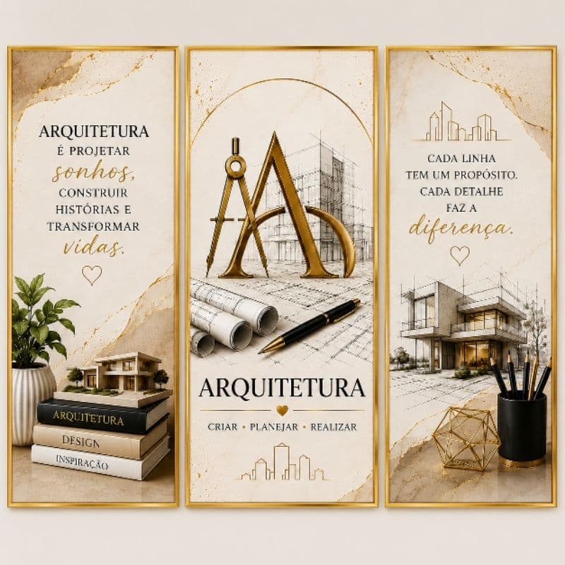 Quadro Decorativo Arquitetura 3 Peças | Arquiteto | Escritório | Consultório | Decoração Moderna | Moldura Impressa