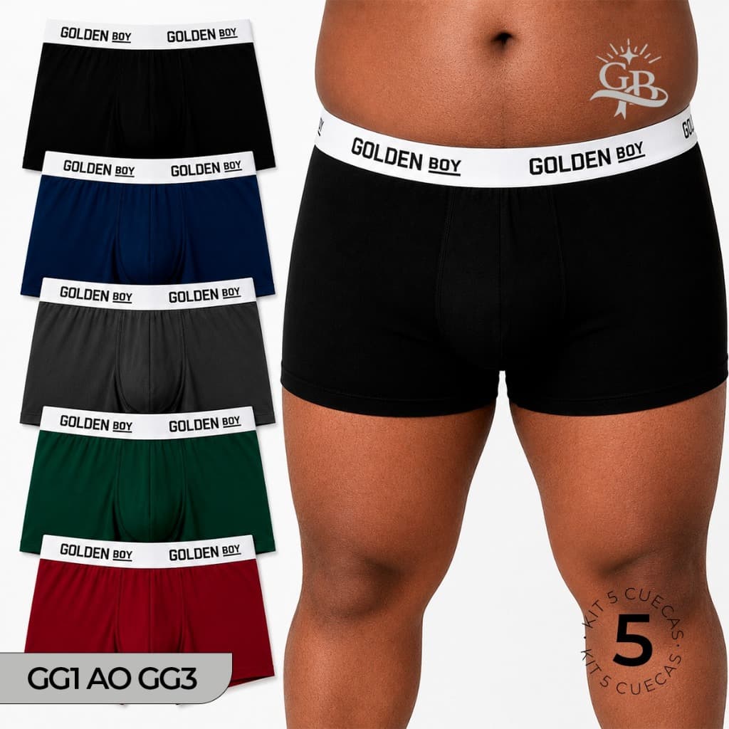Kit 5 Cuecas Boxer Masculina Plus Size Cores Lisas Sortidas Com Elástico no Cós Confortável