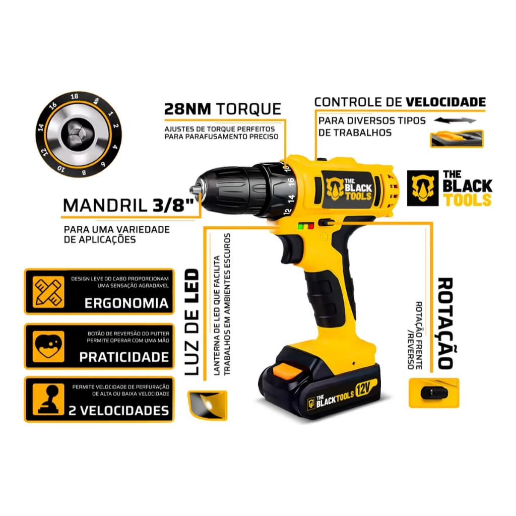 Furadeira Parafusadeira Sem Fio A Bateria Tb-12e 12v 3/8 10mm Com Maleta E Acessórios The Black Tools