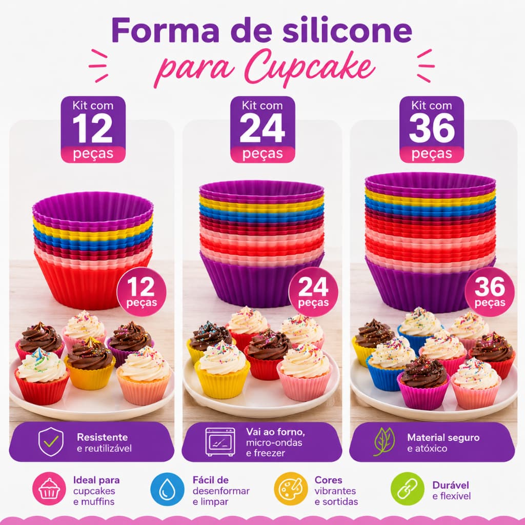 Kit Formas Silicone Cupcake Muffin Empada Pão de Queijo Antiaderente BPA Free Airfryer Forno Micro-ondas Freezer