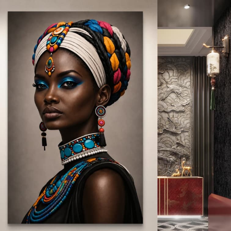 Quadro Decorativo Grande Mulher Africana Moderna Luxo Arte Étnica Colorida Sala Quarto Escritório