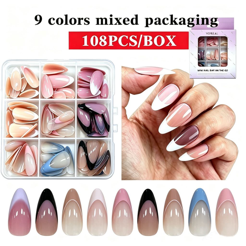 Unhas Postiças Almond Bailarina 108 pcs com 9 Cores e 10 Tamanhos Unhas Francesas