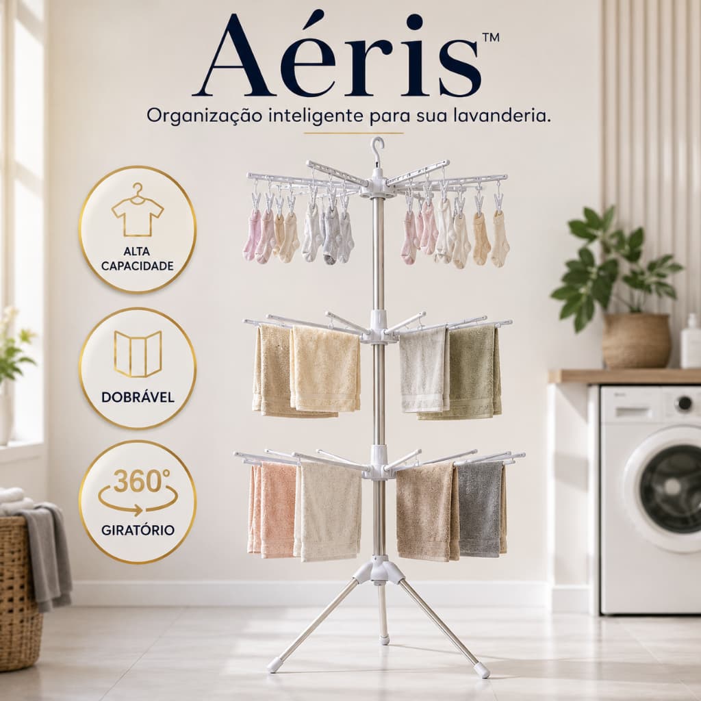 Varal Dobrável Giratório de Chão Grande Capacidade Compacto para Secar Roupas Aéris™
