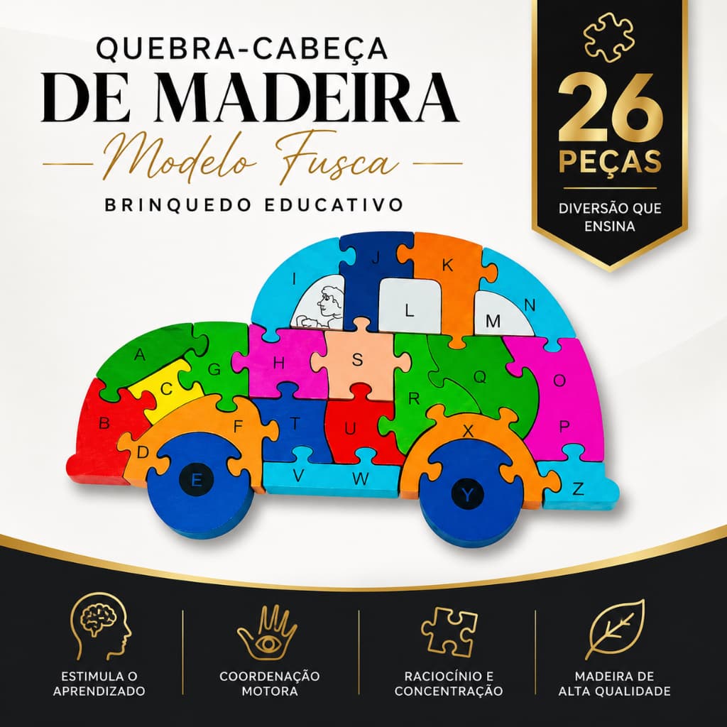 Brinquedo Educativo Quebra-Cabeça Fusca 3D de Madeira para Crianças Pedagógico Montessori