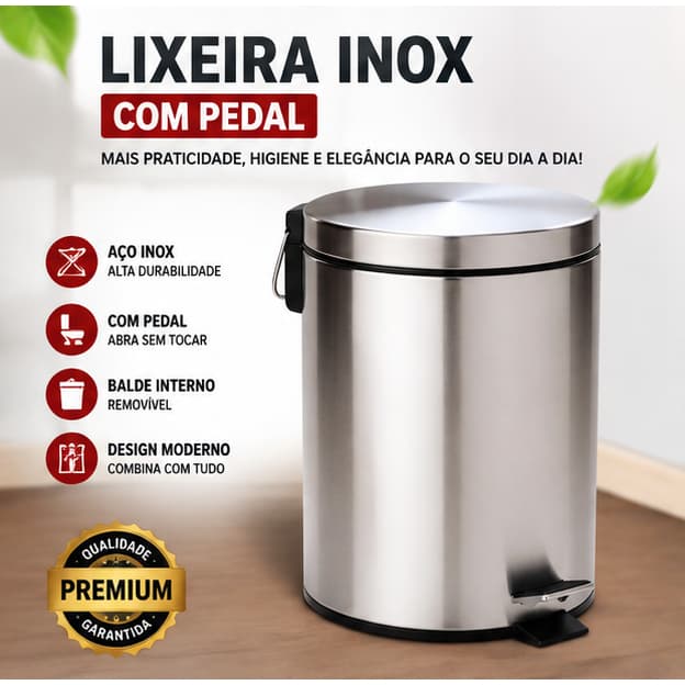 Lixeira Inox Pedal 3L 5L Balde Removível Alça Tampa Cozinha Oferta