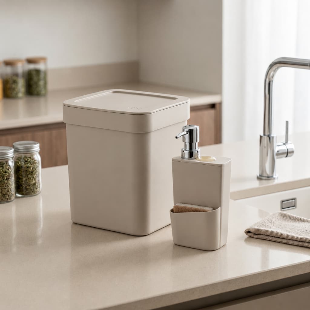 Kit Pia Cozinha premium  Lixeira  4,7l E Dispenser Detergente - Bege