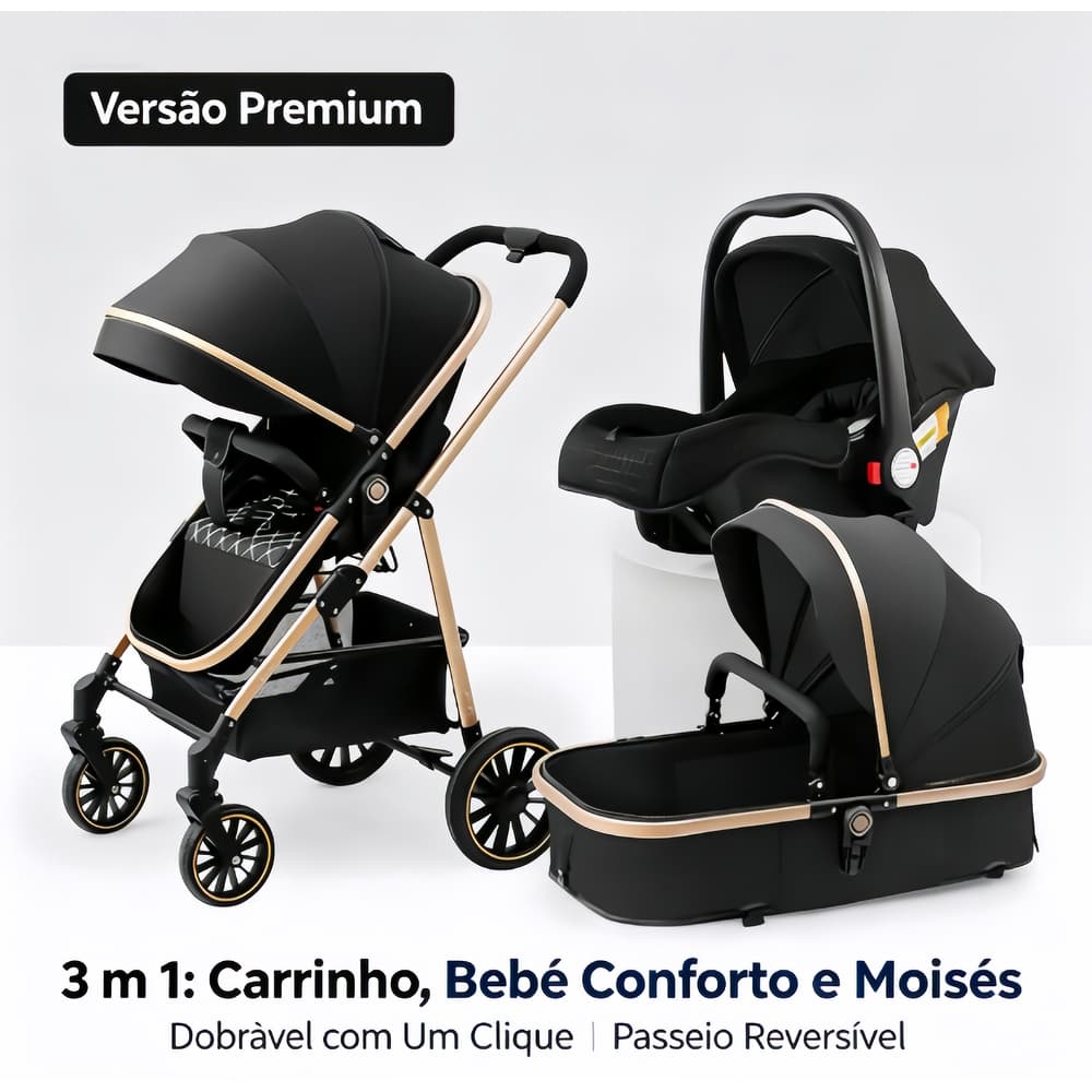 Carrinho de bebê acompanhado de cesta‑berço, adequado para o uso no dia a dia.