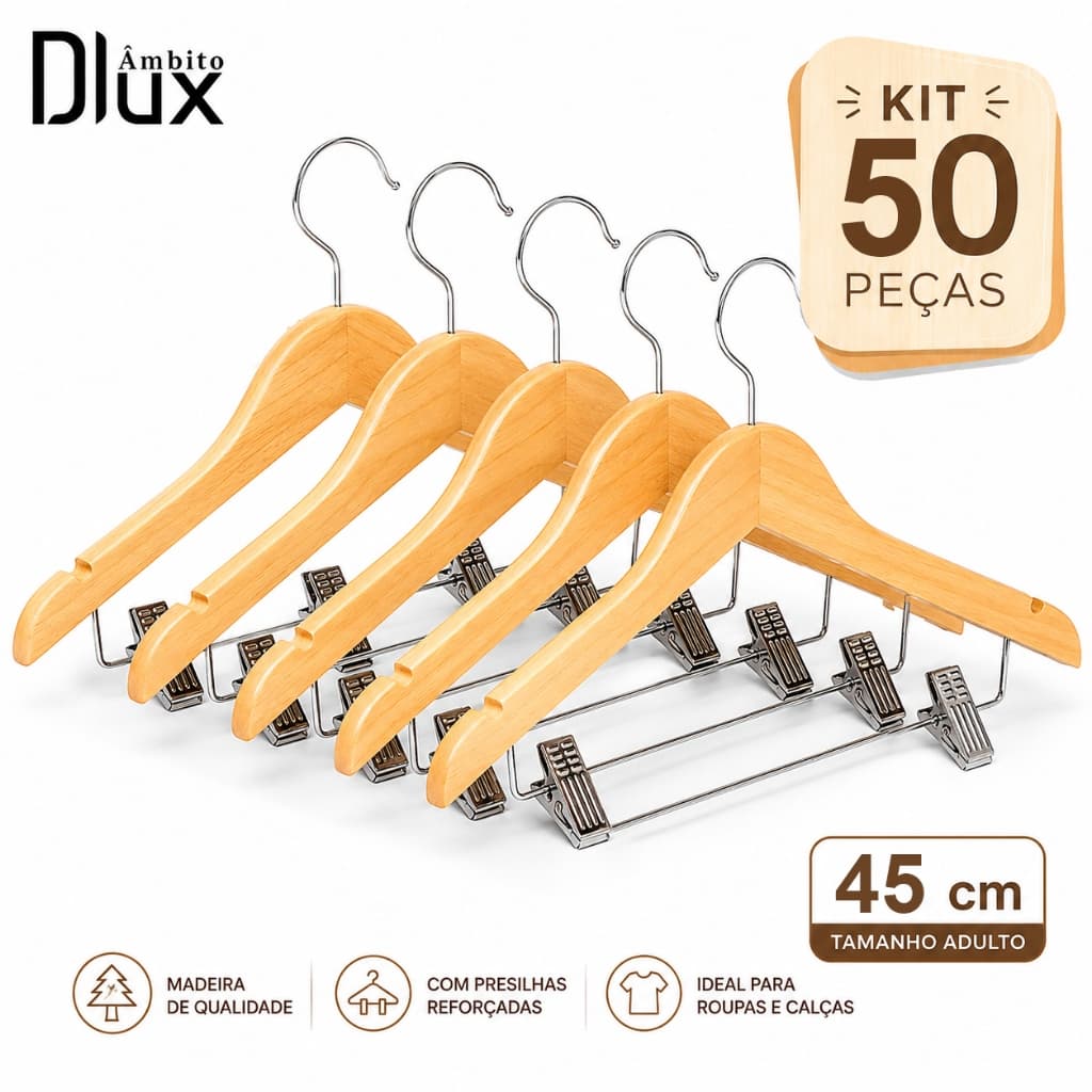 Ambito Dlux Kit 50 Cabide De Madeira Com Ganchos Metálicos E Presilhas Reforçadas Alta Qualidade
