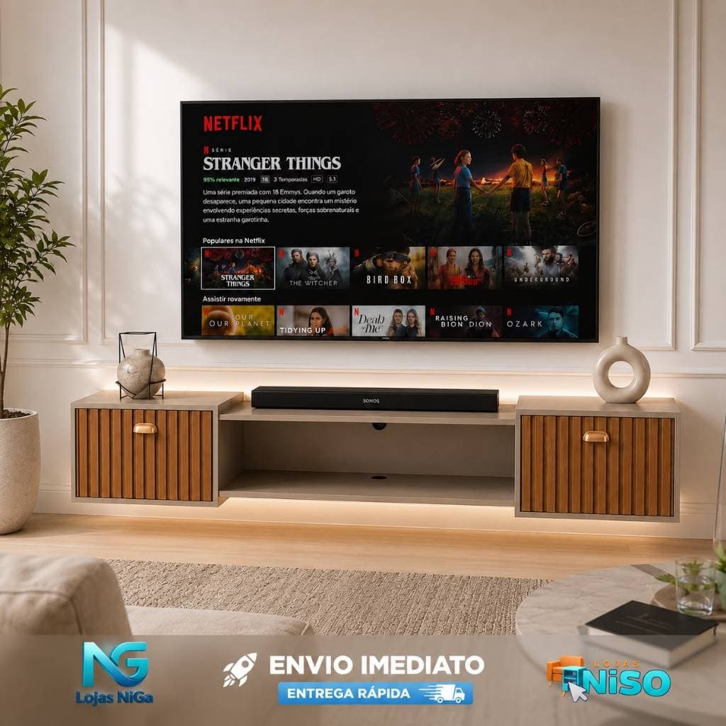 Home Rack Suspenso Vegas Leão Para Tv 32 a 75 Polegadas 0,90 e 1,20 e 1,80 com Portas Basculante Sala Quarto Cinema