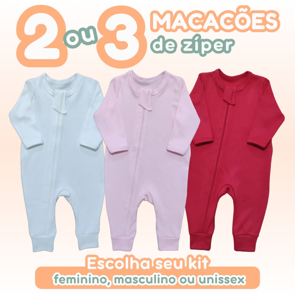 Kit 2 ou 3 Peças Macacão Bebê Zíper com Proteção 100% Algodão Cores Feminino Masculino Unissex RNPMG Zuraffa Baby