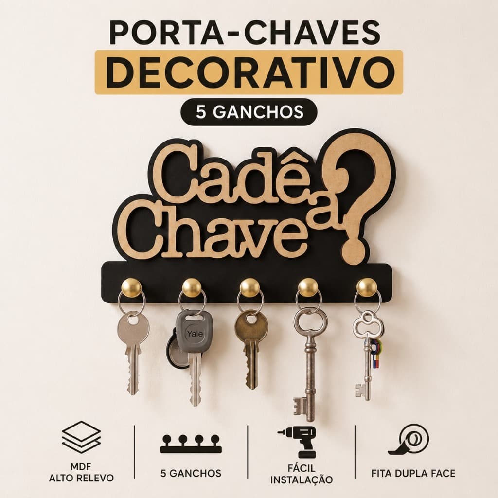 Porta Chaves de Parede MDF 5 Ganchos Decorativo Cadê a Chave