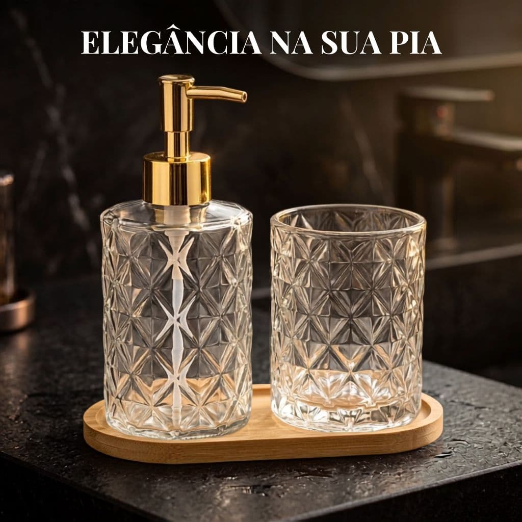 Kit Banheiro Lavabo 3 Peças Vidro Dispenser Sabonete Líquido 345ml Porta Escova Bandeja de Bambu