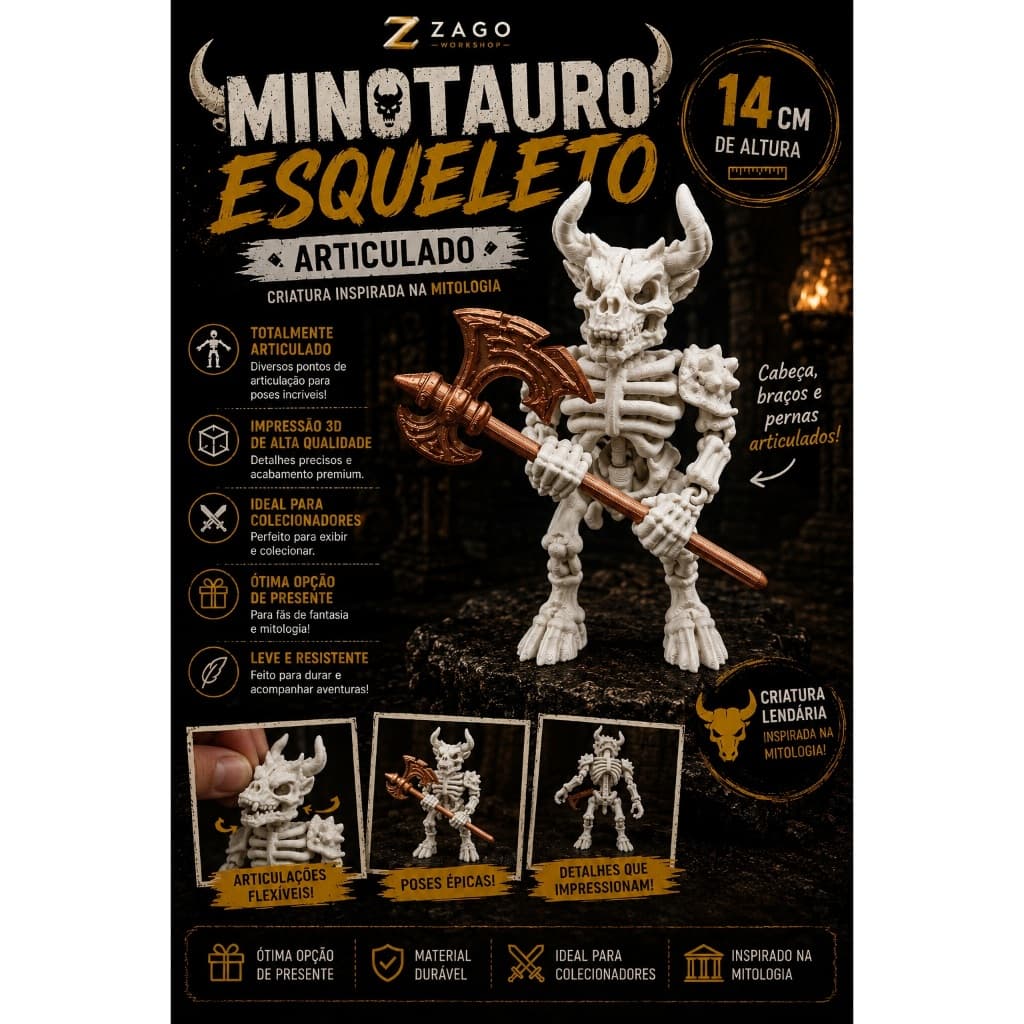 Minotauro Esqueleto Articulado 14cm Impressão 3D Flexível Boneco Colecionável Mitologia