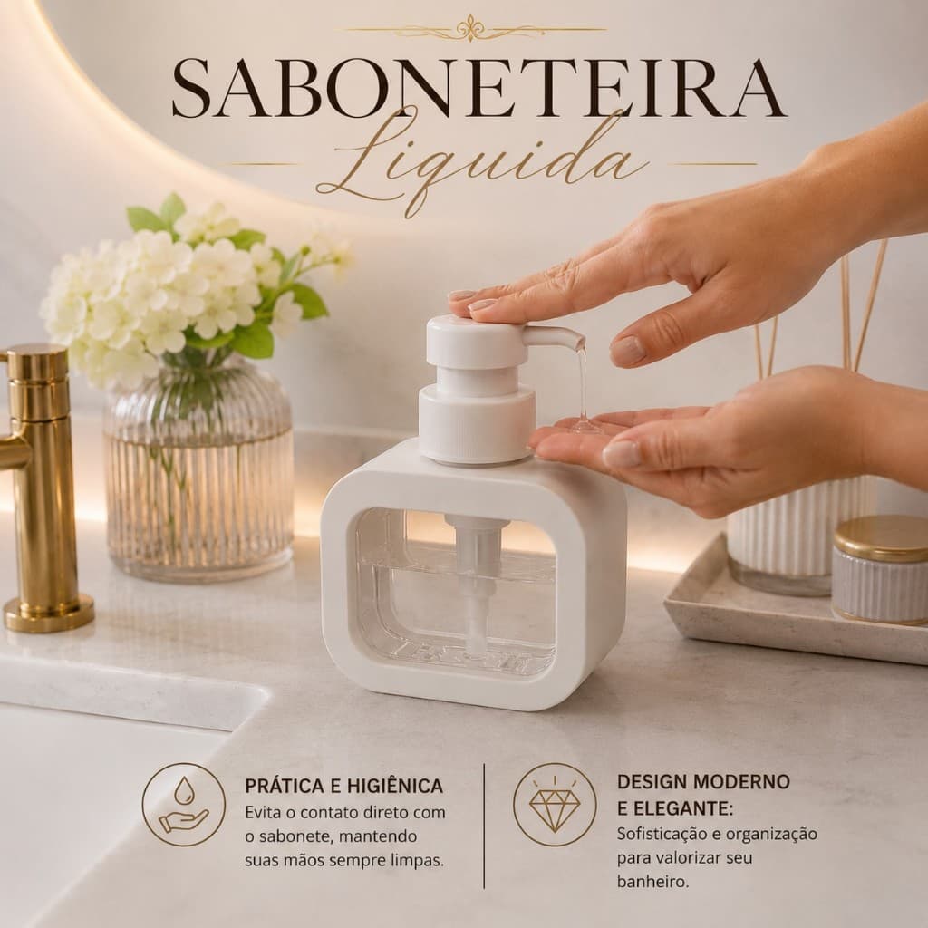 Dispenser Porta Sabonete Líquido 300ml Refilável para Banheiro Cozinha Detergente Branco Premium