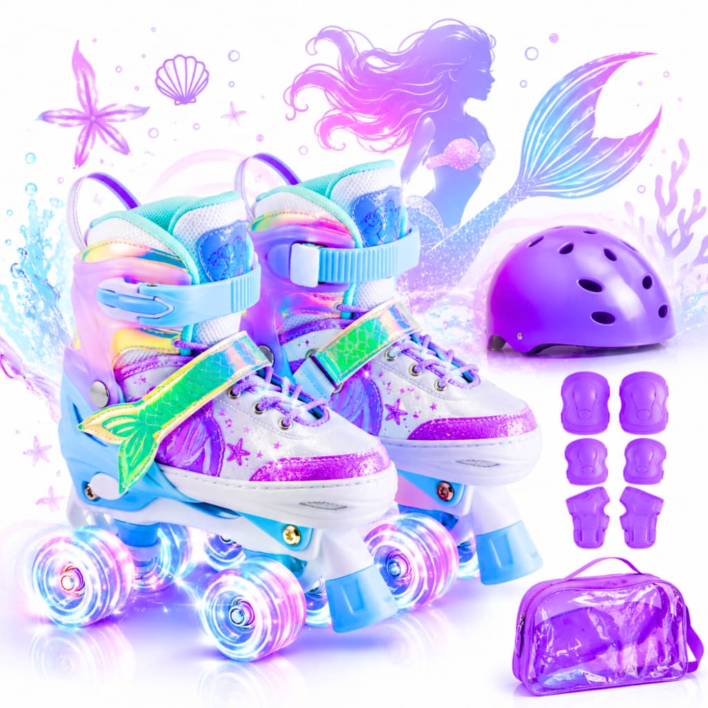 Patins Infantil 4 Rodas Quad Roxo Sereia Com Luz De Led Patins Meninas Com Proteção Ajustavel