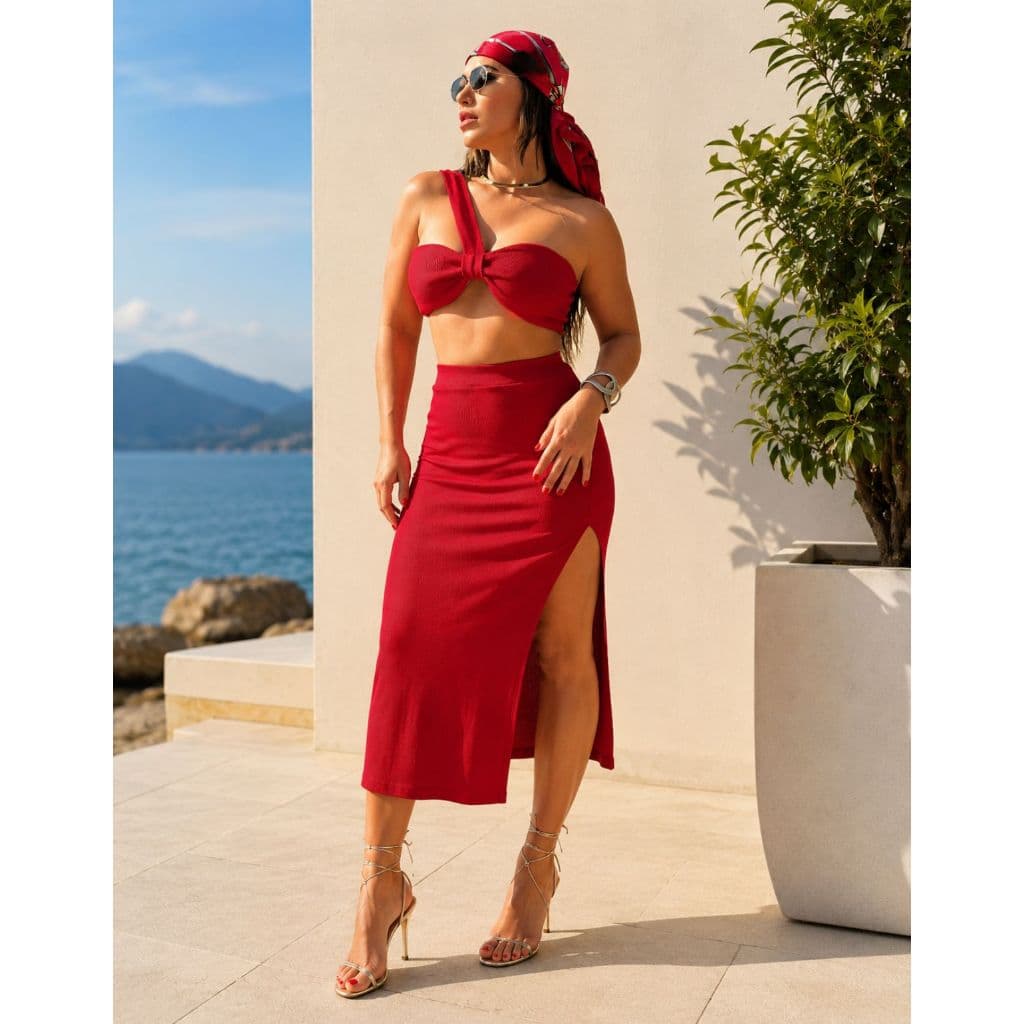 Conjunto Feminino Saia Top Laço Look Festa Balada Elegante Luxo Moderno