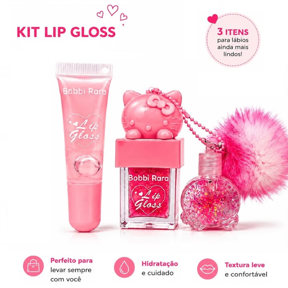 Gloss Labial Bobbi Rara Chaveiro Pompom Hello Kitty 3 itens